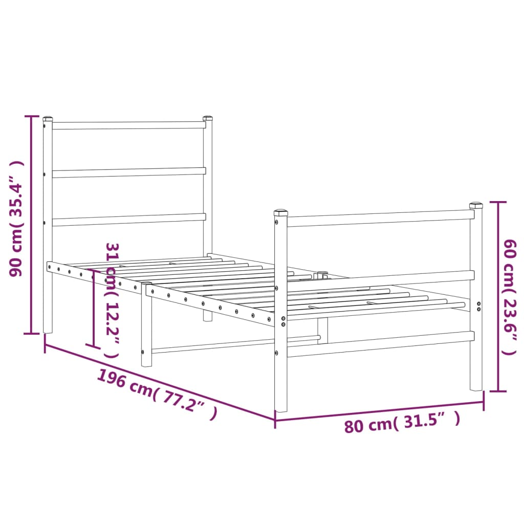 Estrutura de cama com cabeceira e pés 75x190 cm metal preto