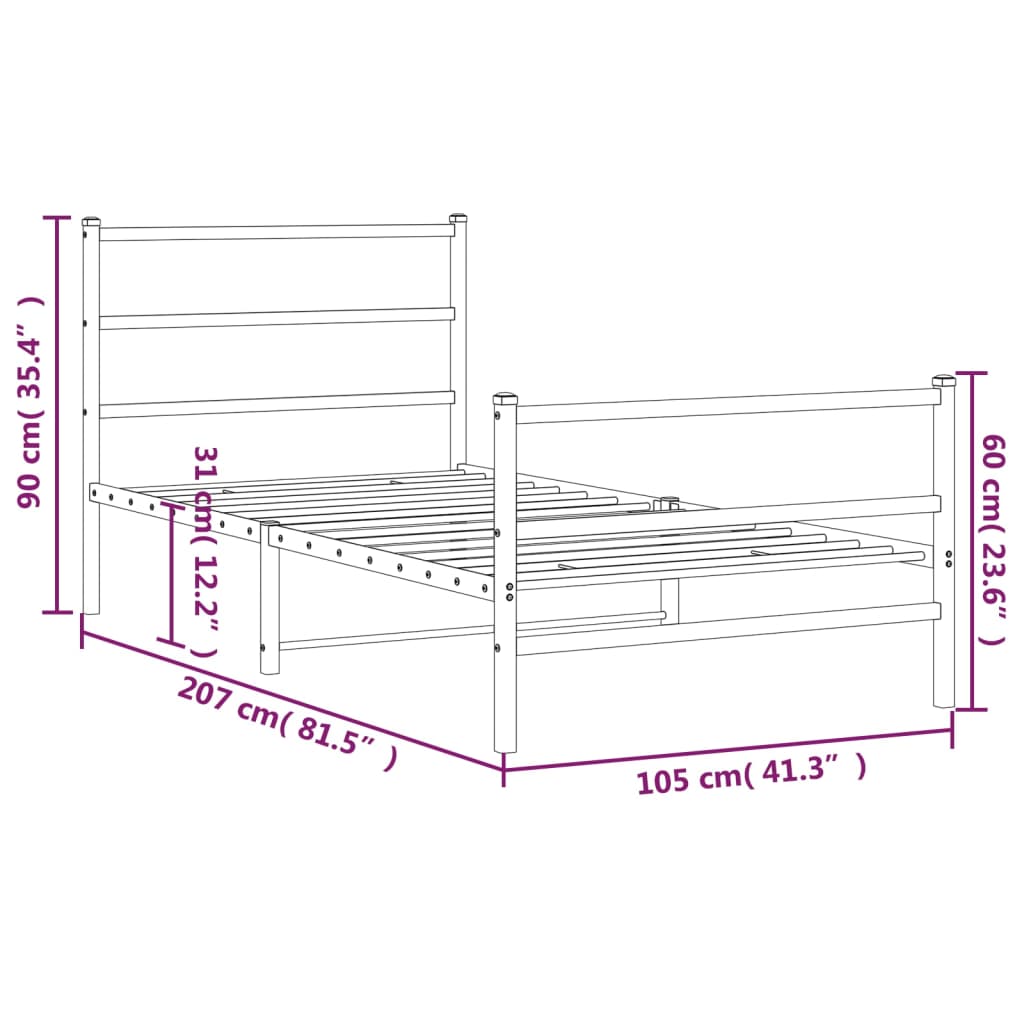 Estrutura de cama com cabeceira e pés 100x200 cm metal preto