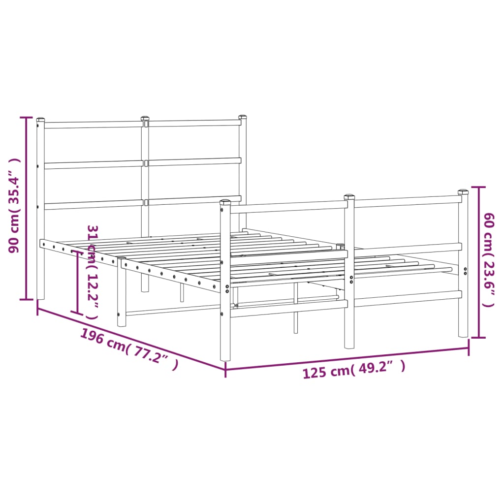 Estrutura de cama com cabeceira e pés 120x190 cm metal preto