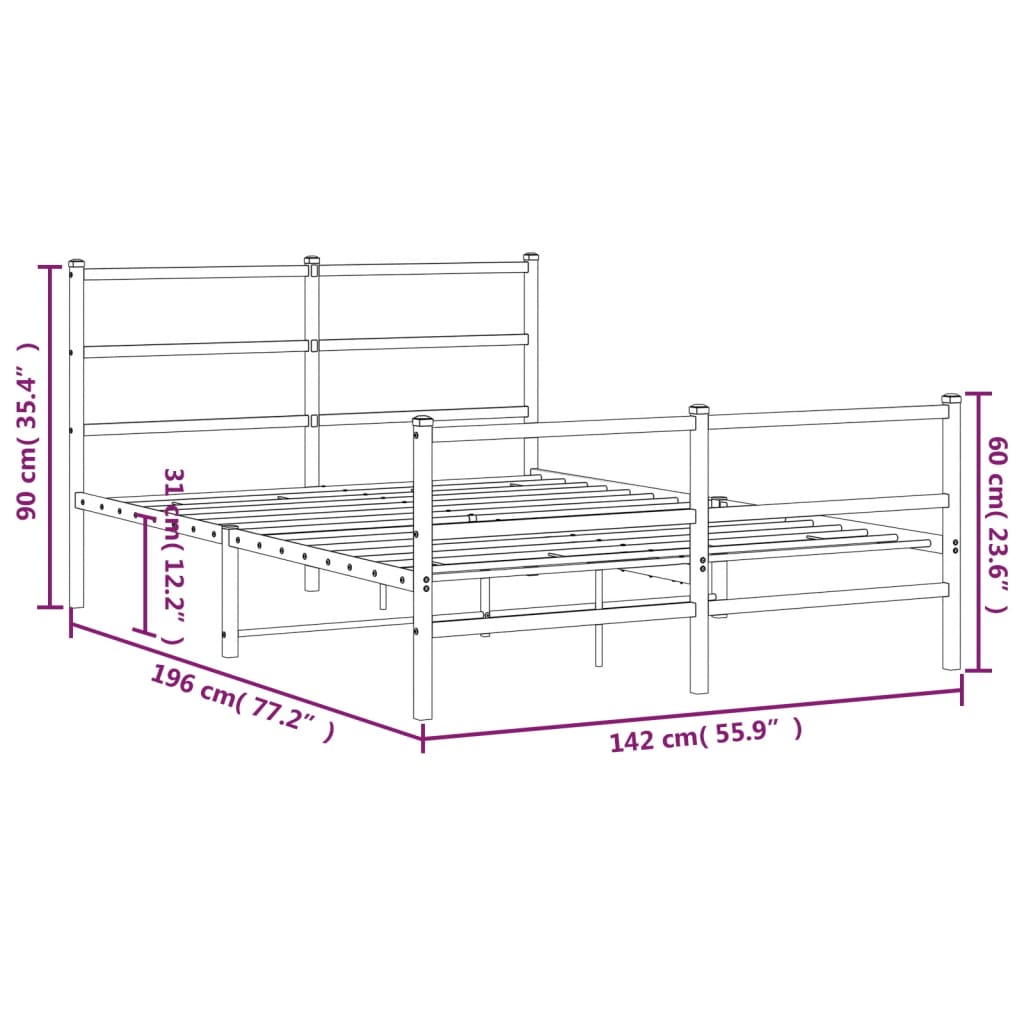 Estrutura de cama com cabeceira e pés 135x190 cm metal preto