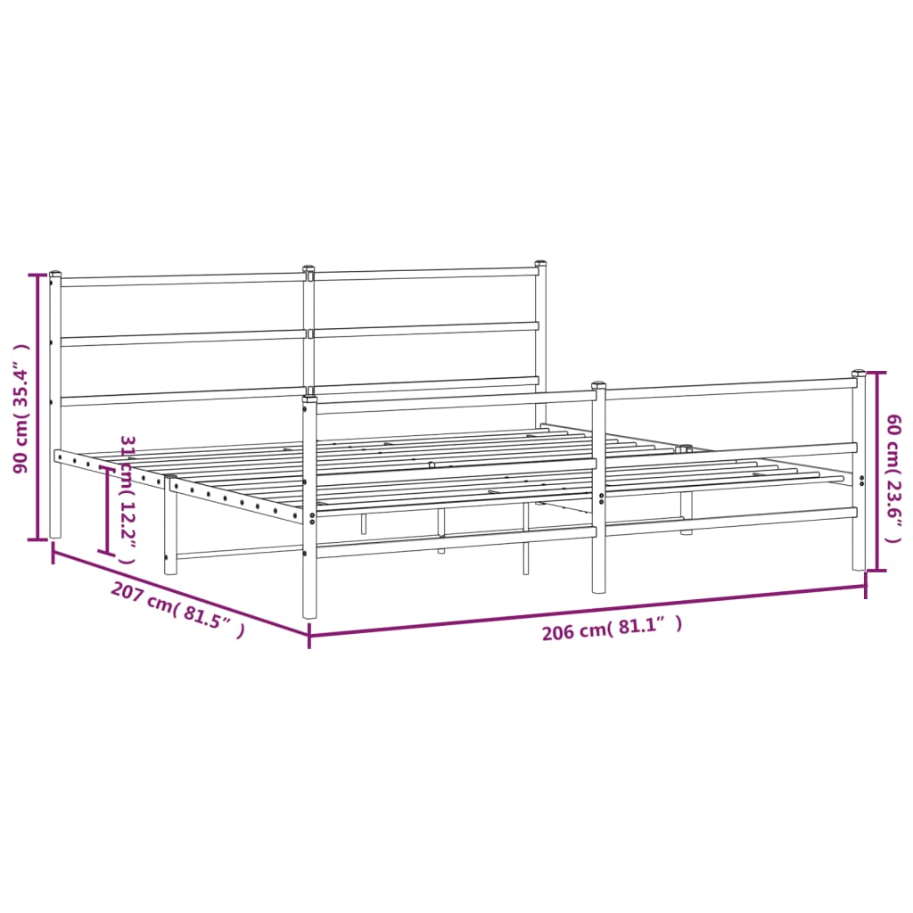 Estrutura de cama painéis cabeceira e pés 200x200cm metal preto