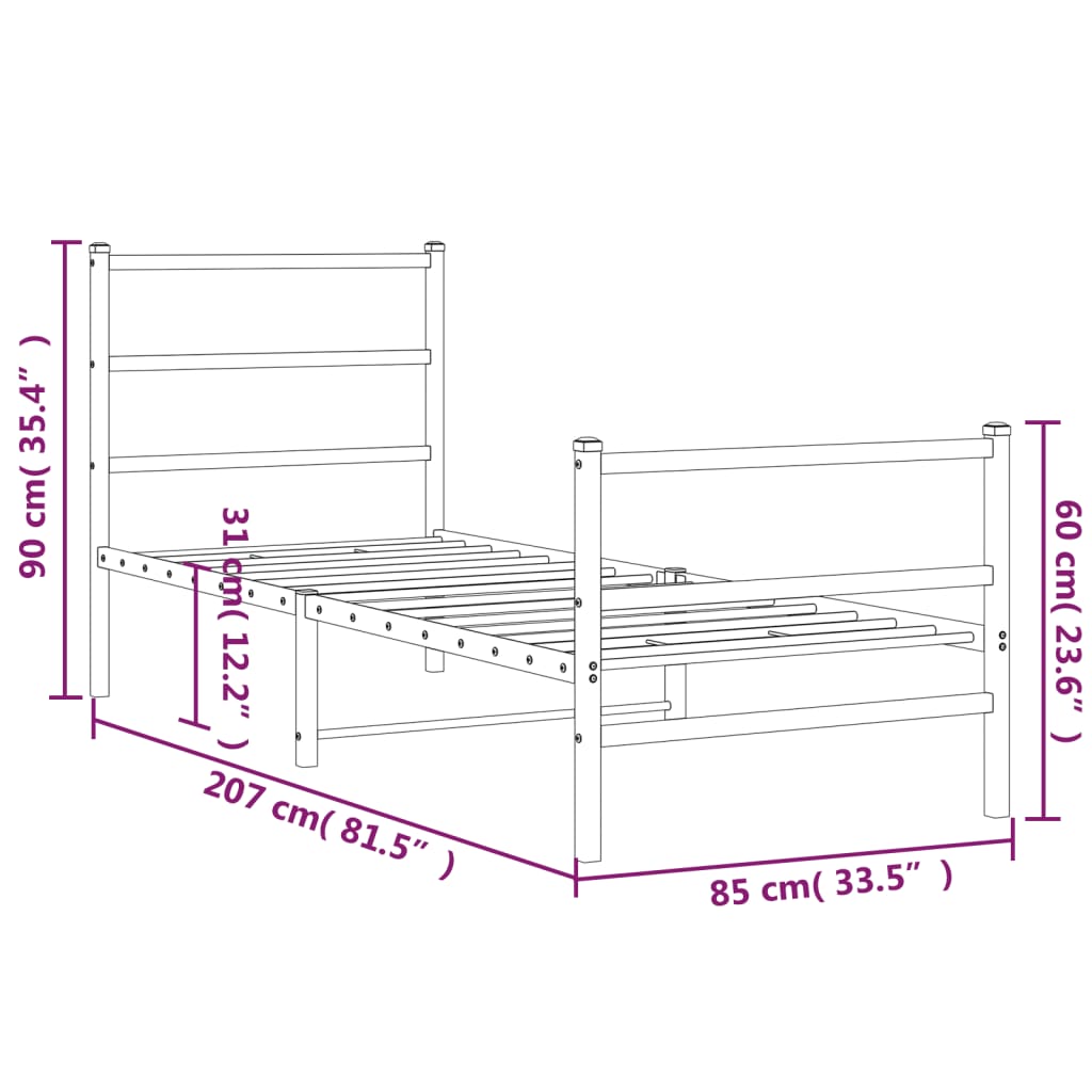 Estrutura de cama com cabeceira e pés 80x200 cm metal branco