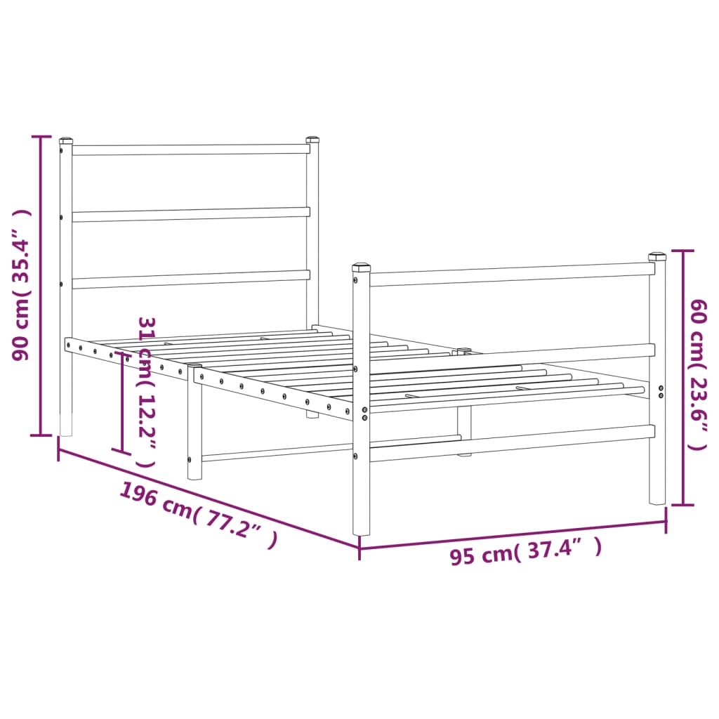 Estrutura de cama com cabeceira e pés 90x190 cm metal branco