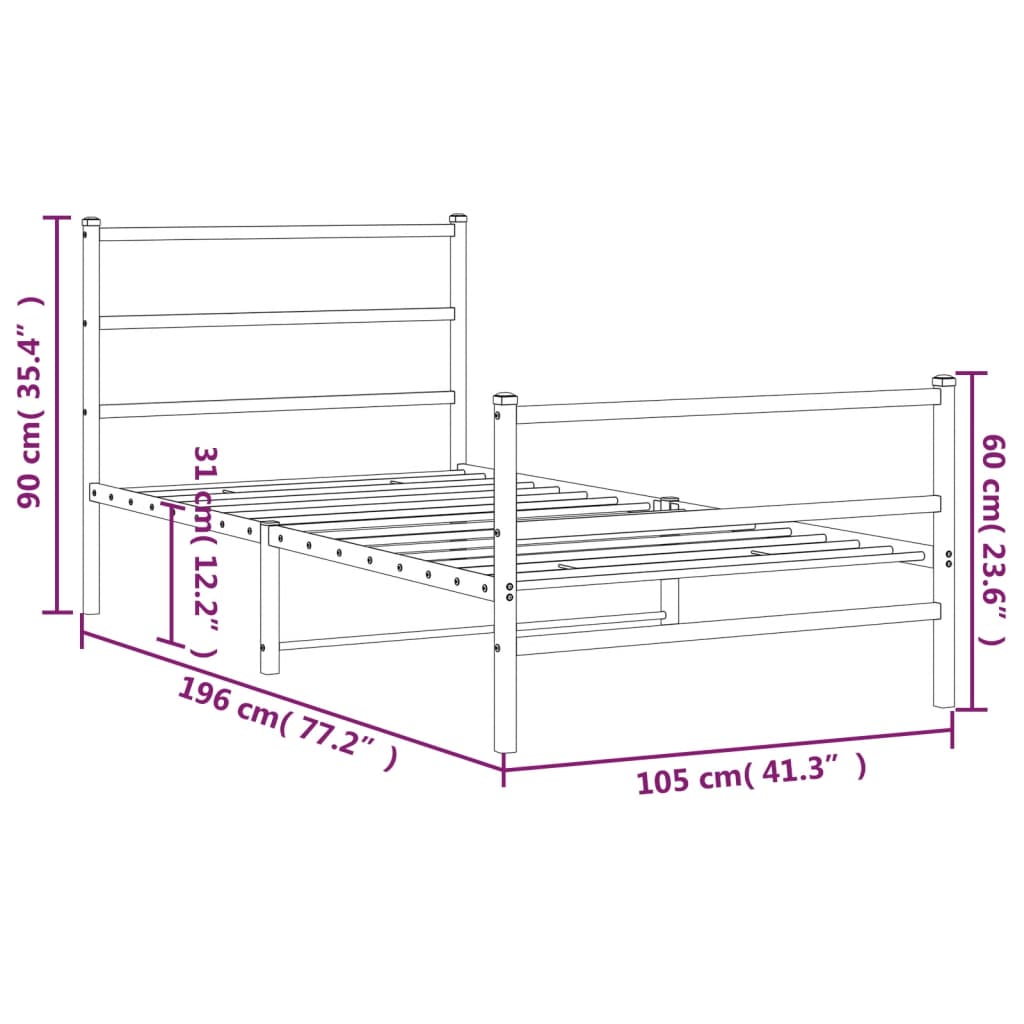 Estrutura de cama com cabeceira e pés 100x190 cm metal branco