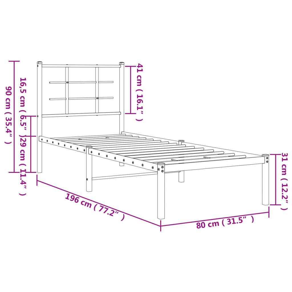 Estrutura de cama com cabeceira 75x190 cm metal preto