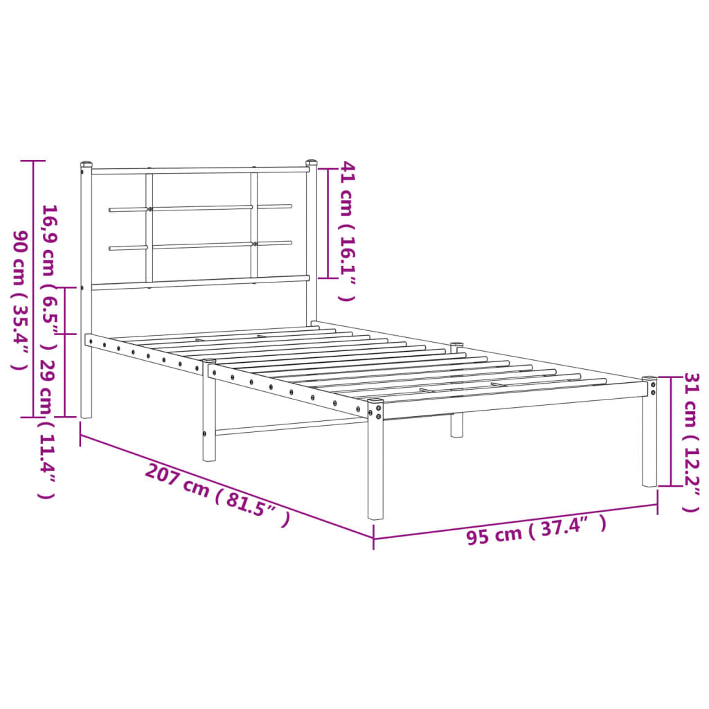 Estrutura de cama com cabeceira 90x200 cm metal preto