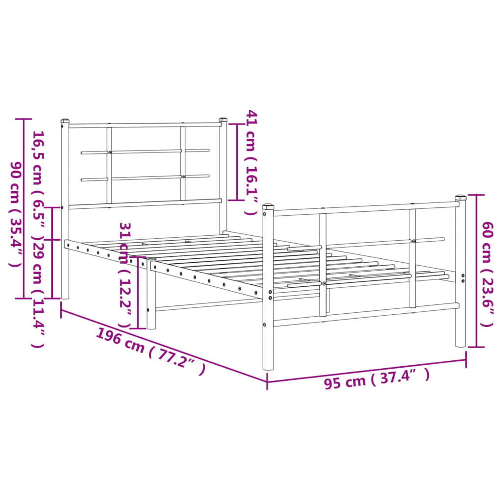 Estrutura de cama com cabeceira e pés 90x190 cm metal preto