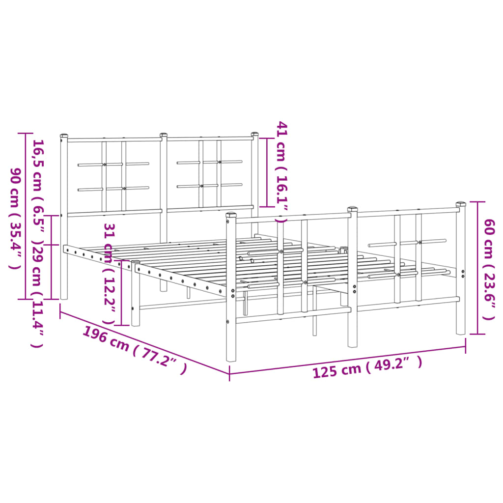 Estrutura de cama com cabeceira e pés 120x190 cm metal preto