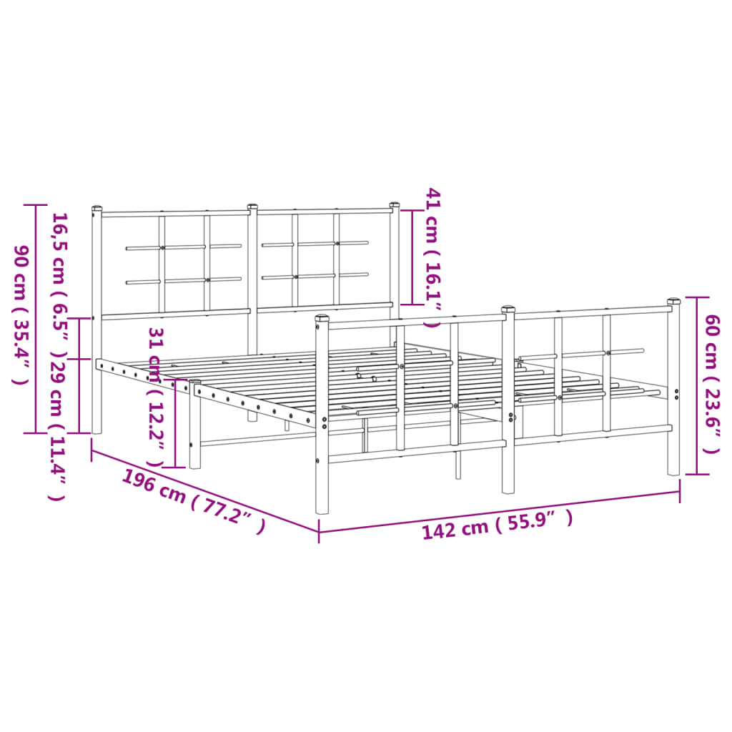 Estrutura de cama com cabeceira e pés 135x190 cm metal preto