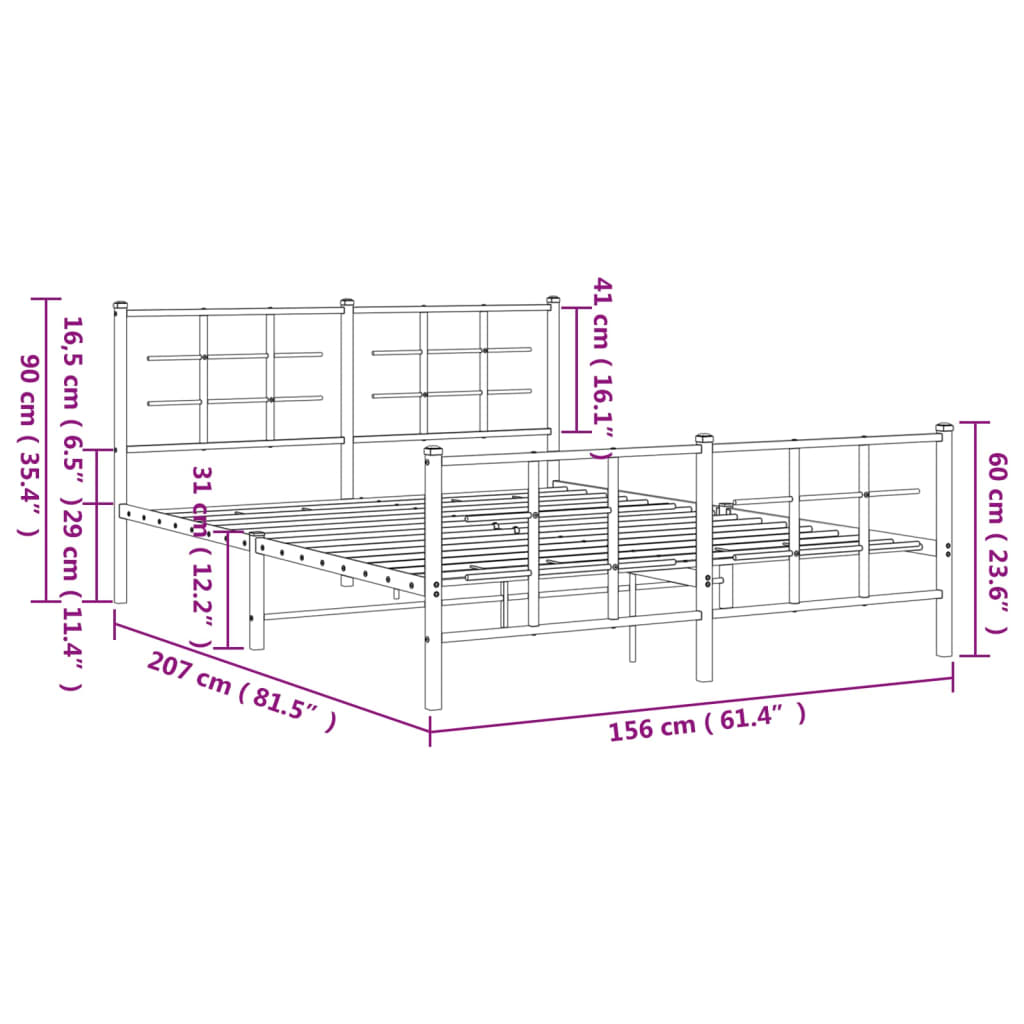 Estrutura de cama com cabeceira e pés 150x200 cm metal preto