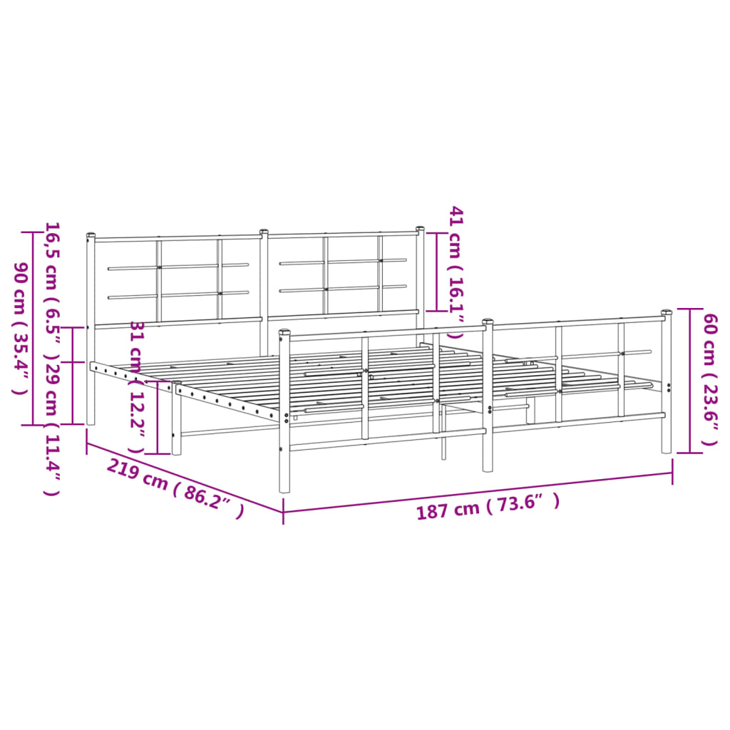 Estrutura de cama com cabeceira e pés 183x213 cm metal preto