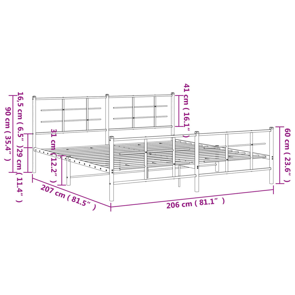 Estrutura de cama com cabeceira e pés 200x200 cm metal preto