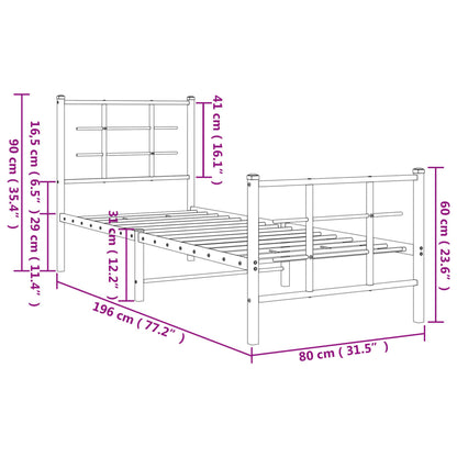 Estrutura de cama com cabeceira e pés 75x190 cm metal branco