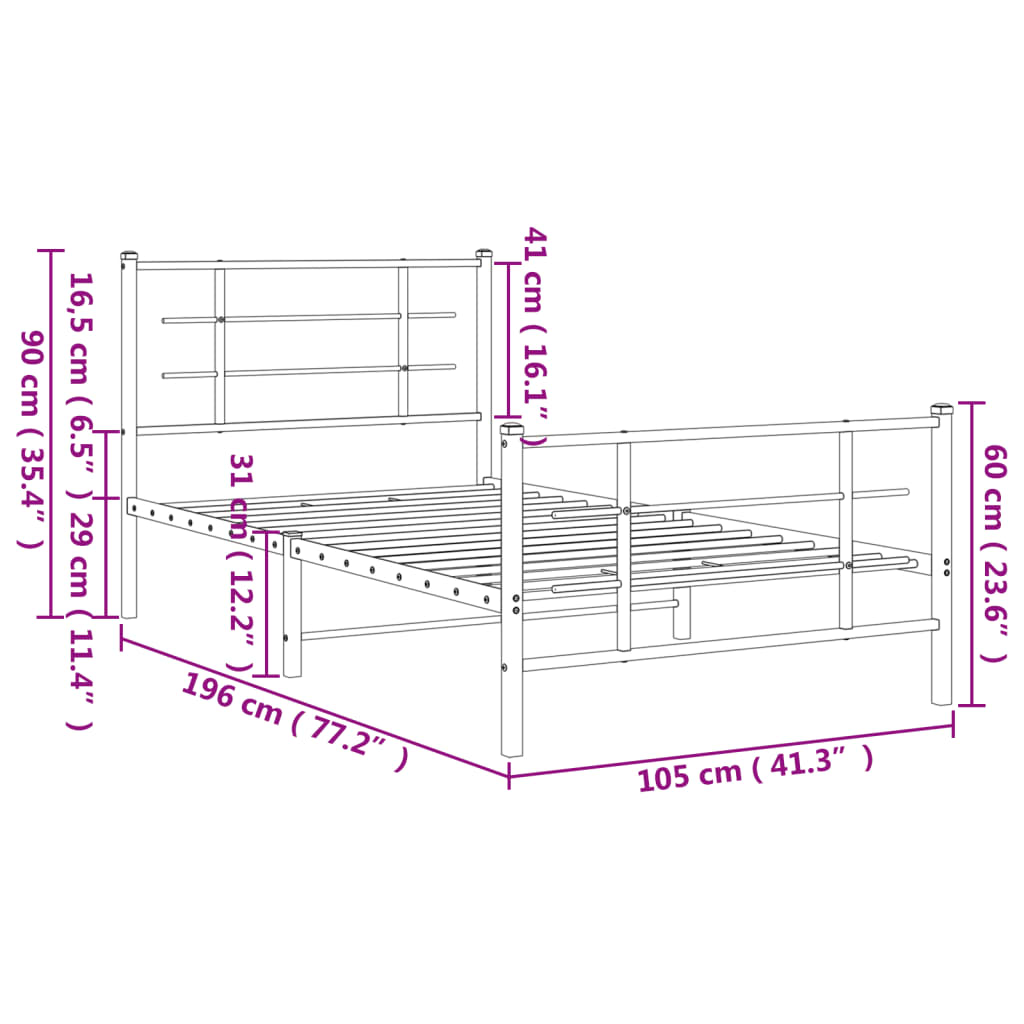 Estrutura de cama com cabeceira e pés 100x190 cm metal branco