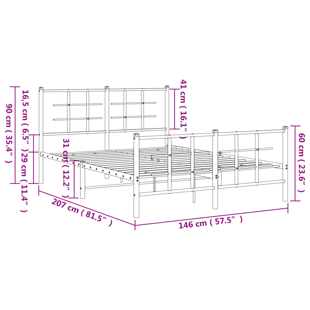 Estrutura de cama com cabeceira e pés 140x200 cm metal branco