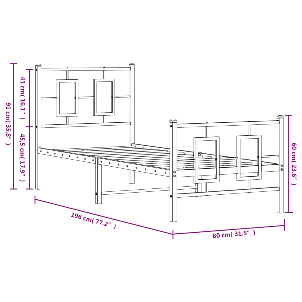 Estrutura de cama com cabeceira e pés 75x190 cm metal branco