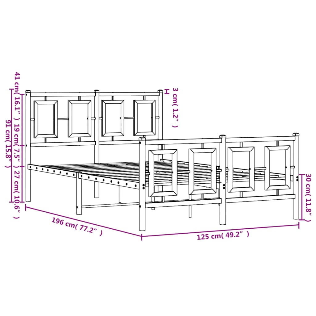 Estrutura de cama com cabeceira e pés 120x190 cm metal branco