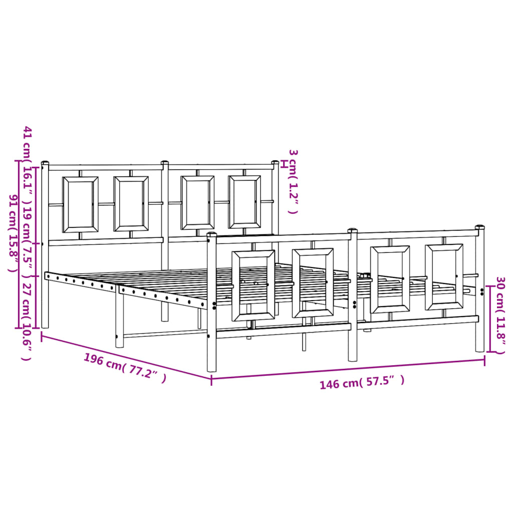 Estrutura de cama com cabeceira e pés 140x190 cm metal branco