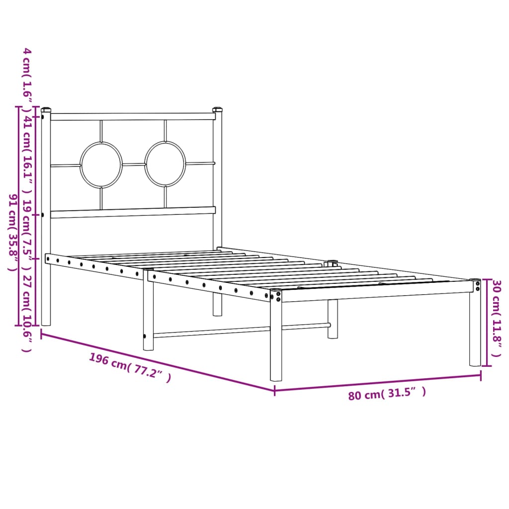 Estrutura de cama com cabeceira 75x190 cm metal preto