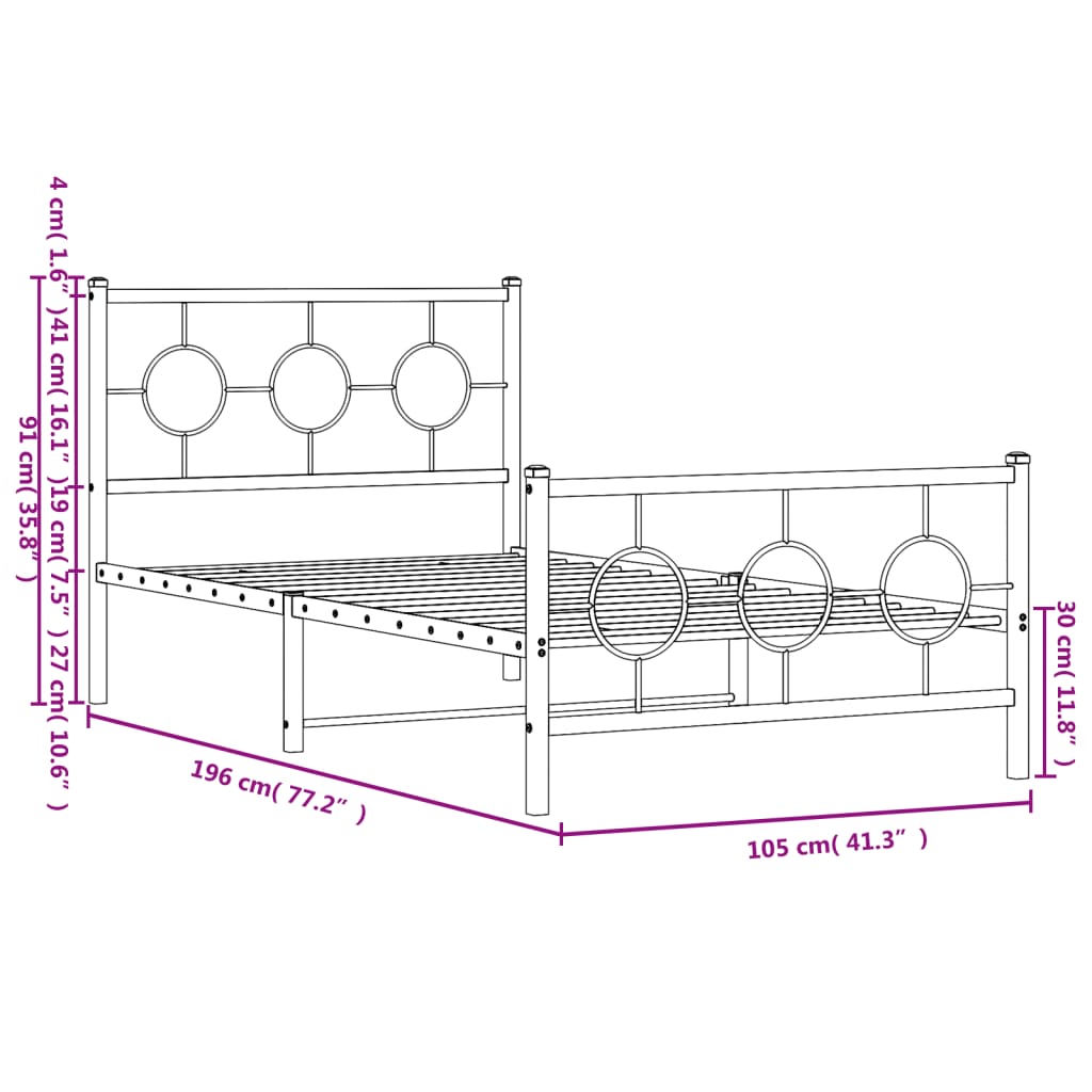 Estrutura de cama com cabeceira e pés 100x190 cm metal preto