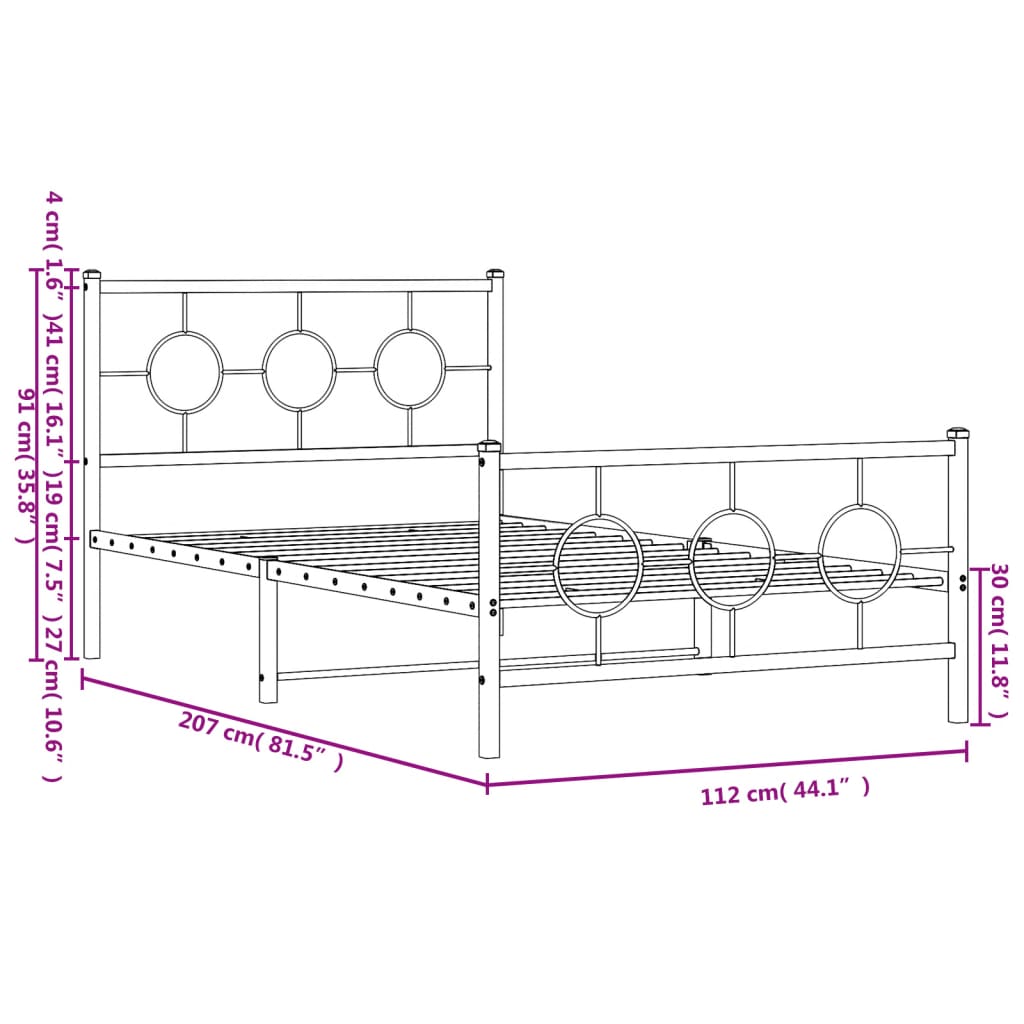 Estrutura de cama com cabeceira e pés 107x203 cm metal preto