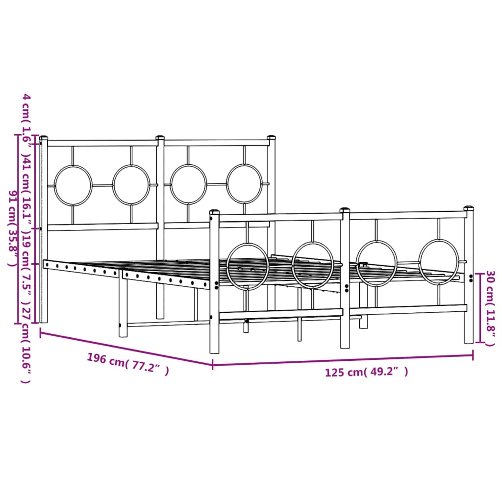 Estrutura de cama com cabeceira e pés 120x190 cm metal preto