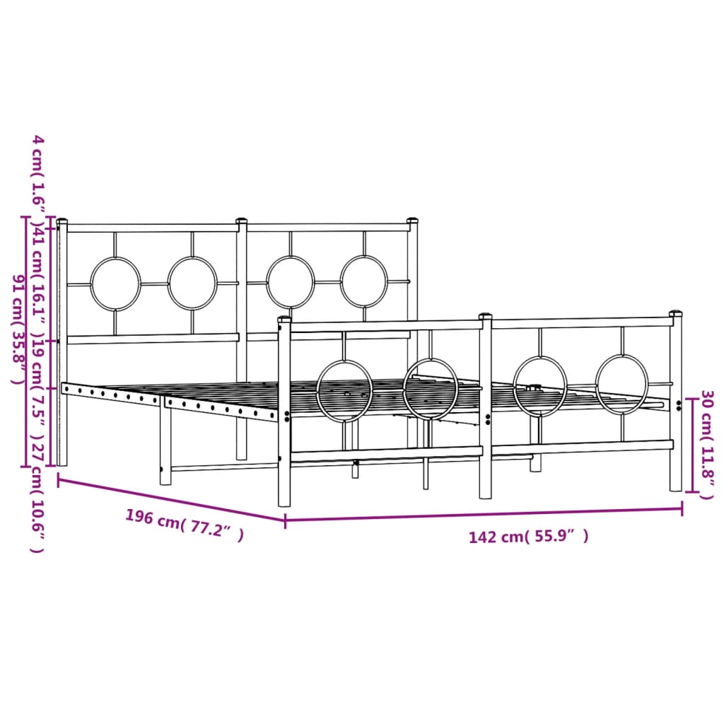 Estrutura de cama com cabeceira e pés 135x190 cm metal preto