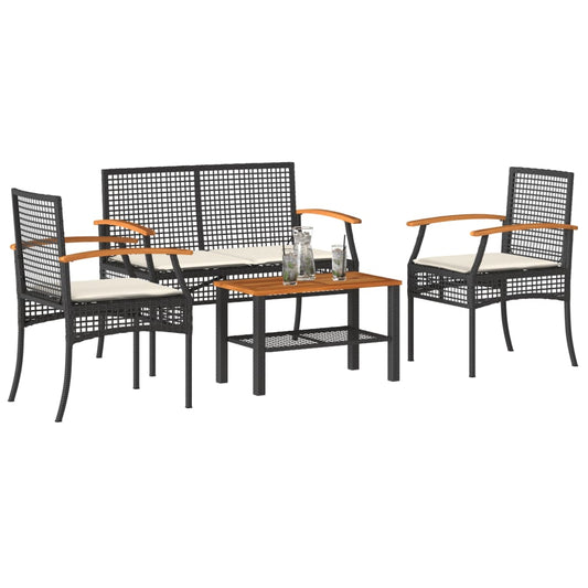 4 pcs conjunto lounge de jardim c/ almofadões vime PE preto