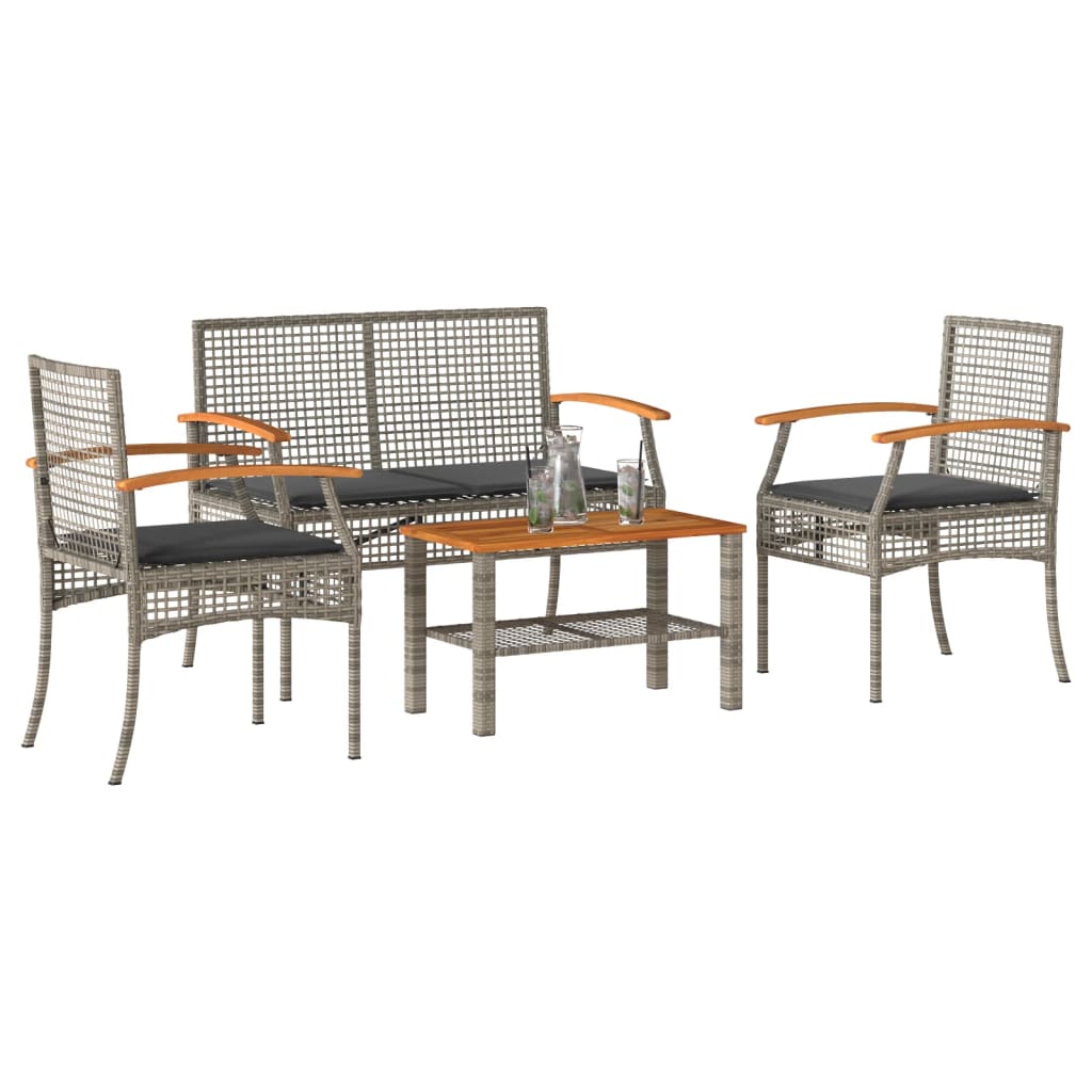 4 pcs conjunto lounge de jardim c/ almofadões vime PE cinzento