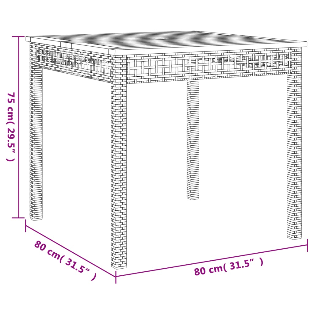 Mesa de jardim 80x80x75 cm vime PE e madeira de acácia preto