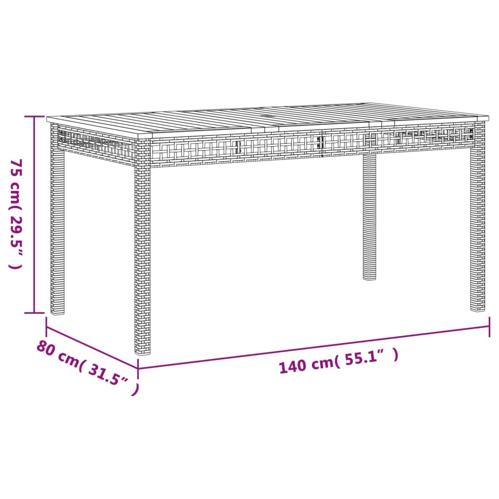 Mesa de jardim 140x80x75 cm vime PE e madeira de acácia preto