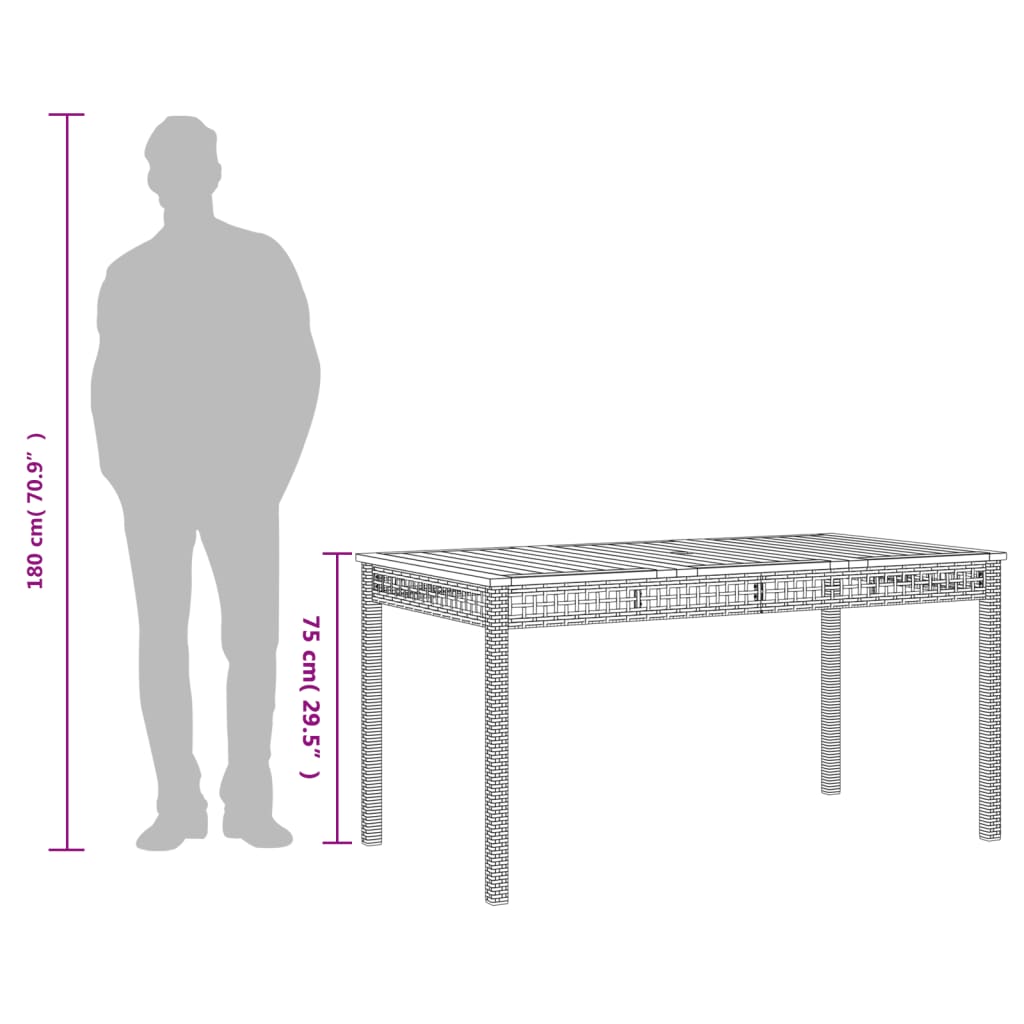 Mesa de jardim 140x80x75cm vime PE e madeira de acácia cinzento