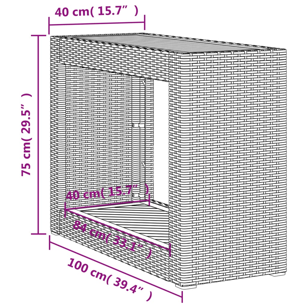 Mesa apoio jardim c/ tampo madeira 100x40x75cm vime PE cinzento