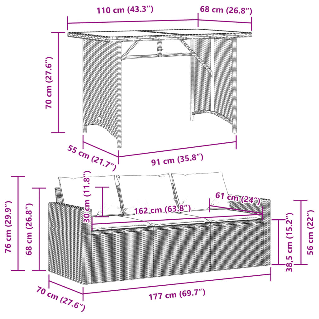 2 pcs conjunto de jantar p/ jardim c/ almofadões vime PE preto