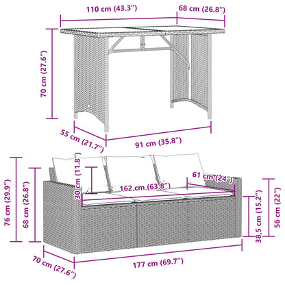 2 pcs conjunto de jantar p/ jardim com almofadões vime PE bege