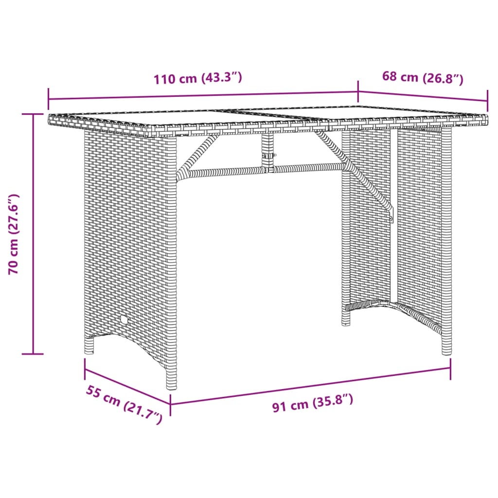 Mesa de jardim com tampo de vidro 110x68x70 cm vime PE preto