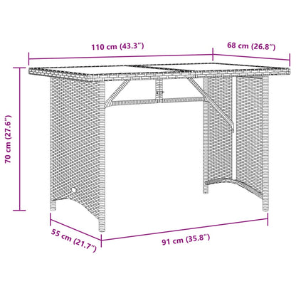 Mesa de jardim com tampo de vidro 110x68x70 cm vime PE cinza