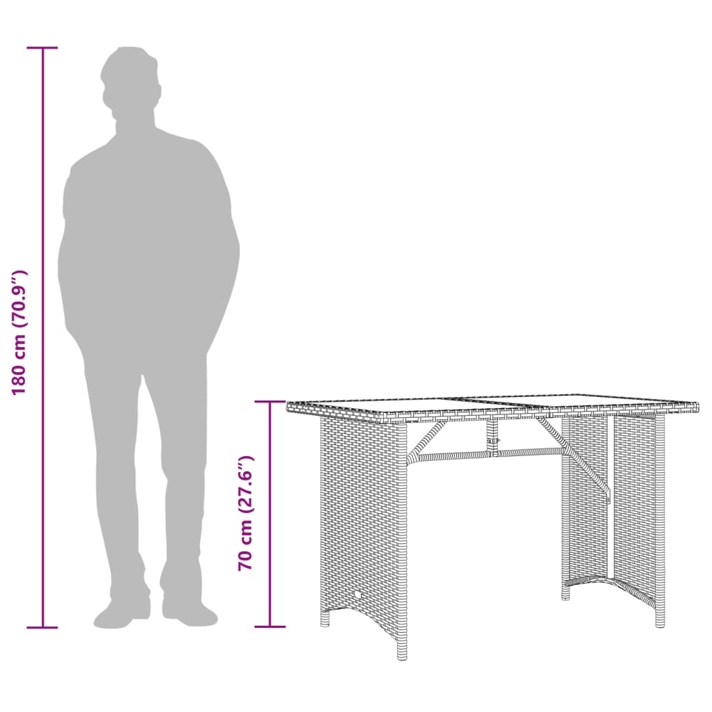 Mesa de jardim com tampo de vidro 110x68x70 cm vime PE cinza