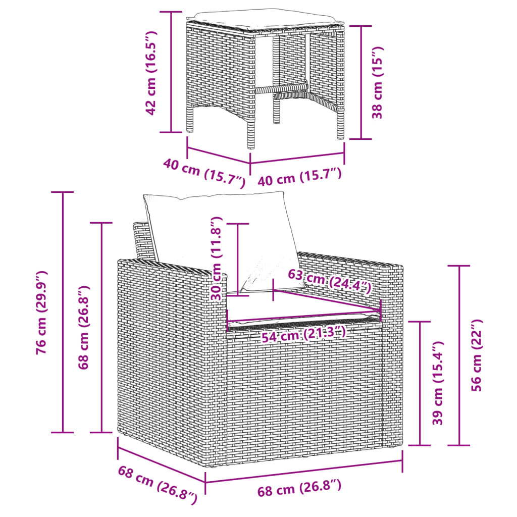 4 pcs conjunto de sofás para jardim c/ almofadões vime PE preto