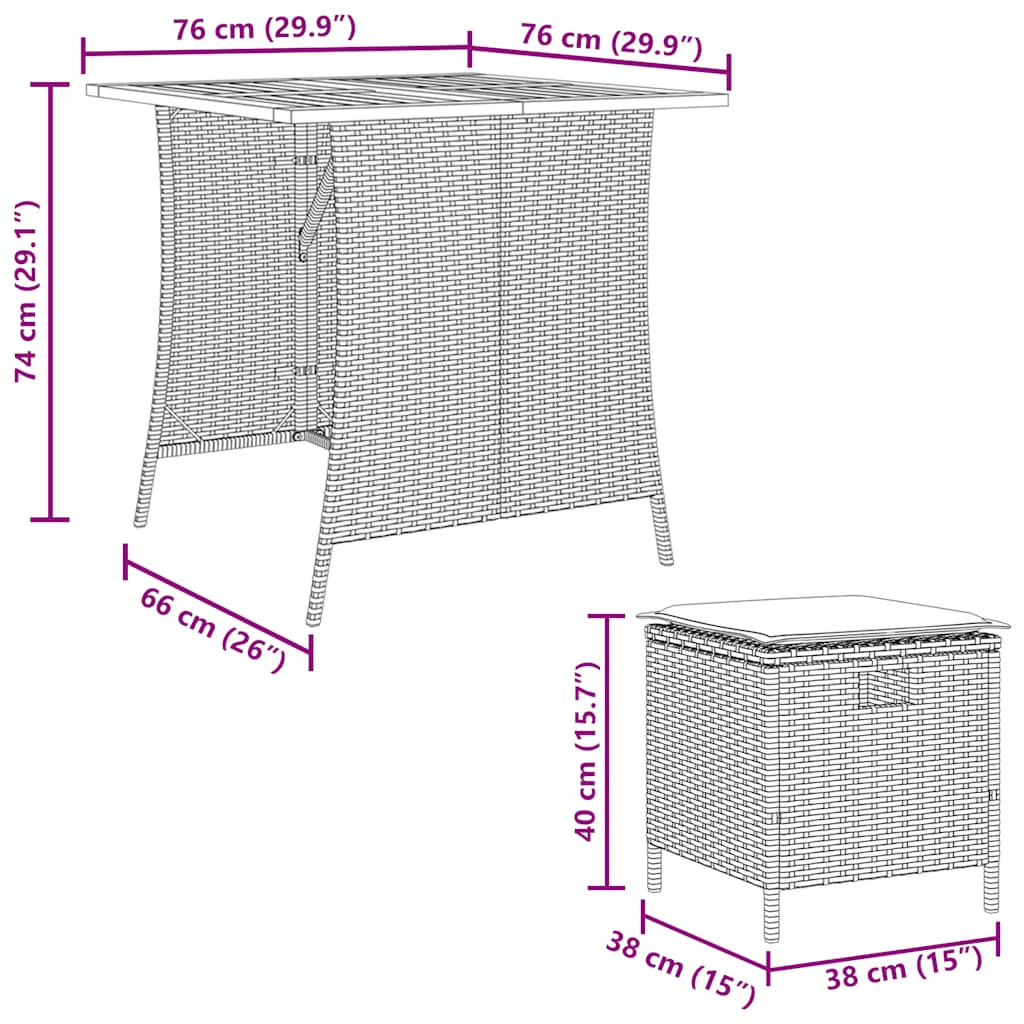 5 pcs conjunto de jantar p/ jardim com almofadões vime PE bege