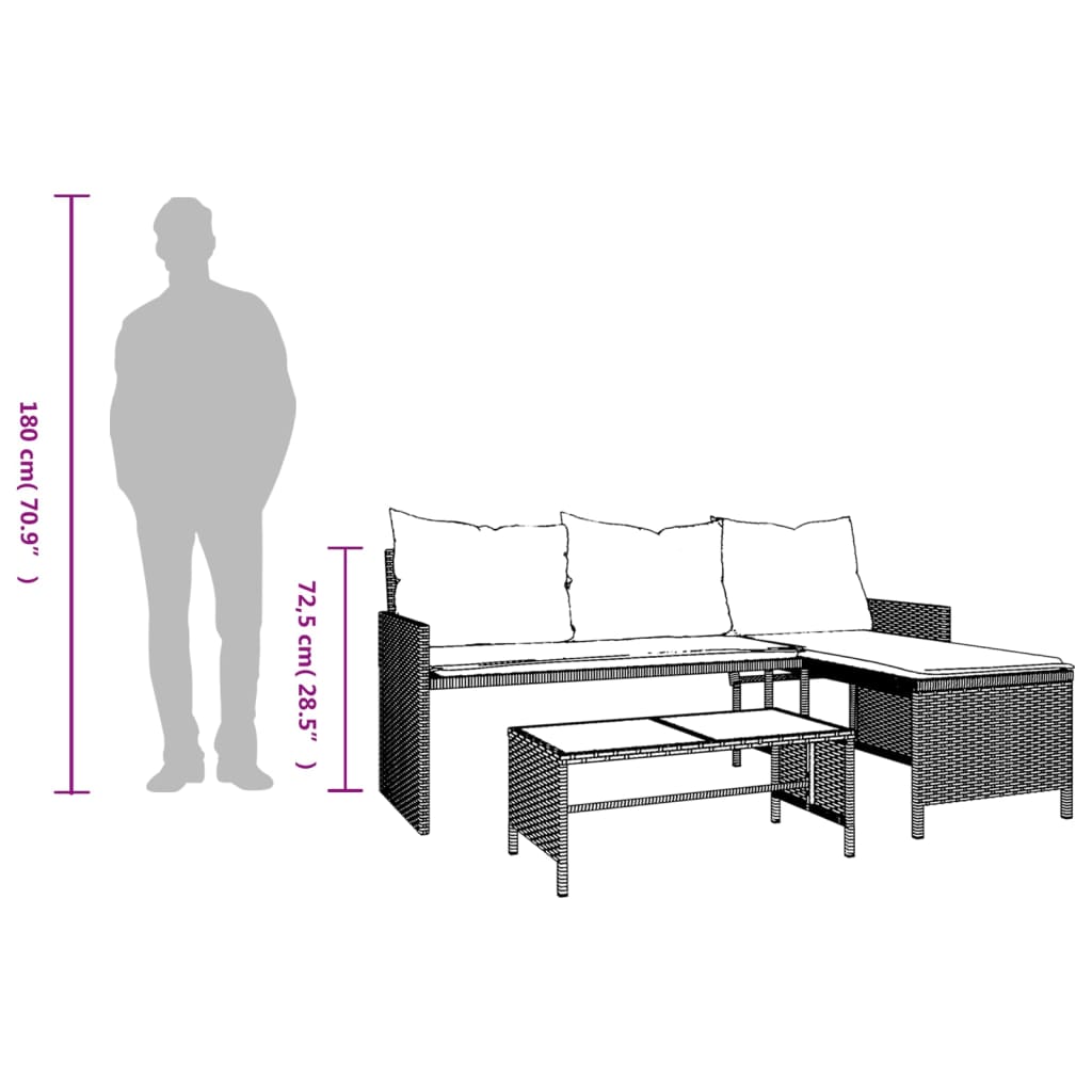 Sofá de jardim forma de L c/ mesa e almofadões vime PE castanho