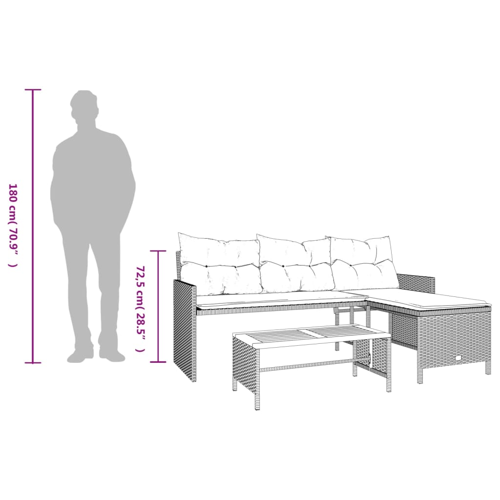 Sofá de jardim forma de L c/ mesa e almofadões vime PE cinzento