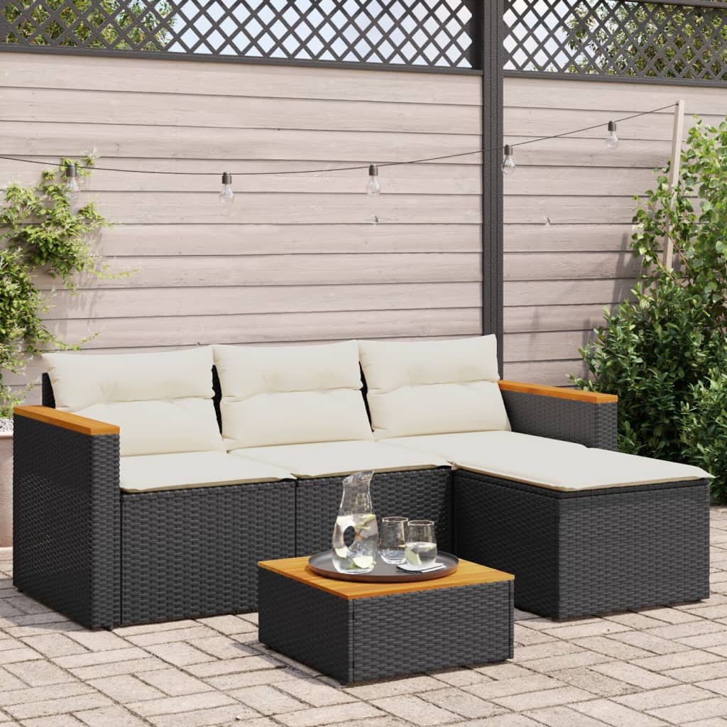 3 pcs conjunto sofás de jardim com almofadões vime PE preto