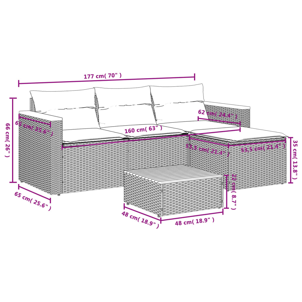 3 pcs conjunto sofás de jardim com almofadões vime PE preto