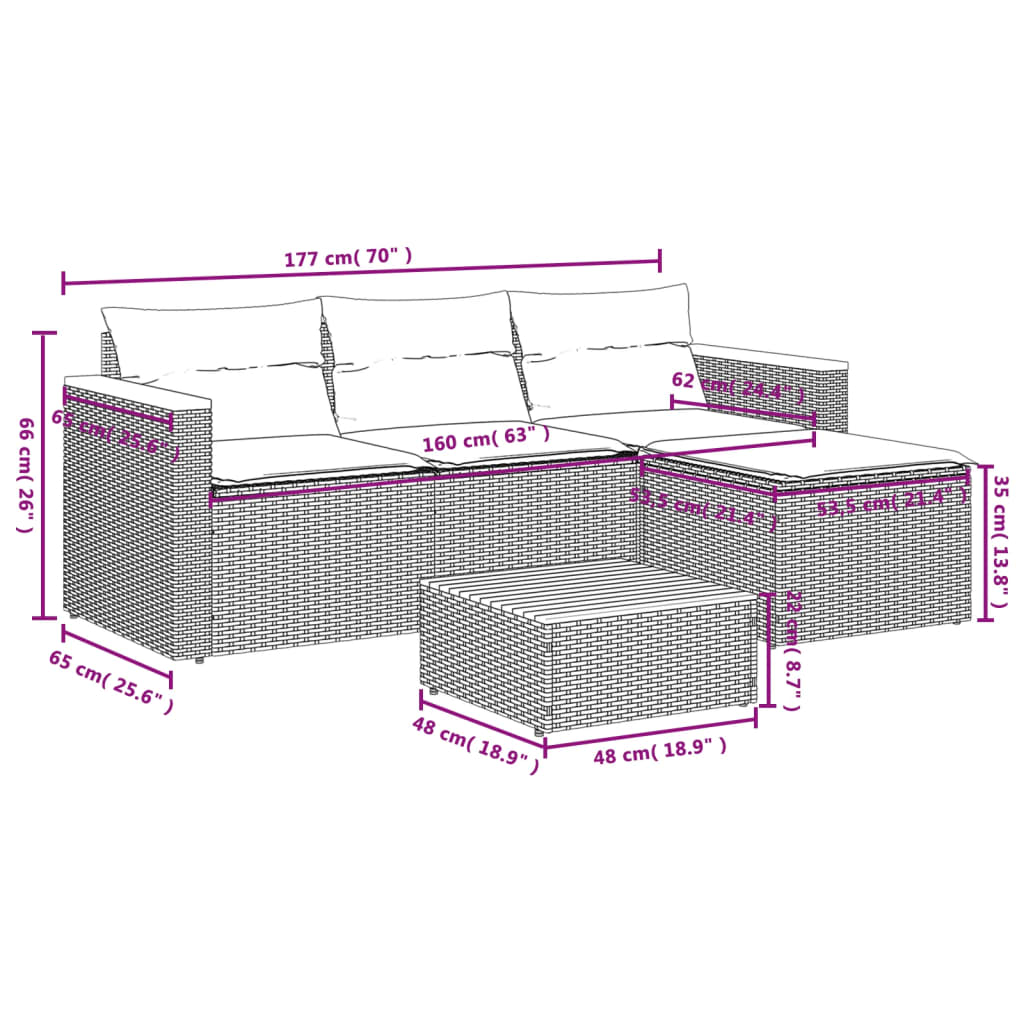 3 pcs conjunto sofás de jardim c/ almofadões vime PE cinzento