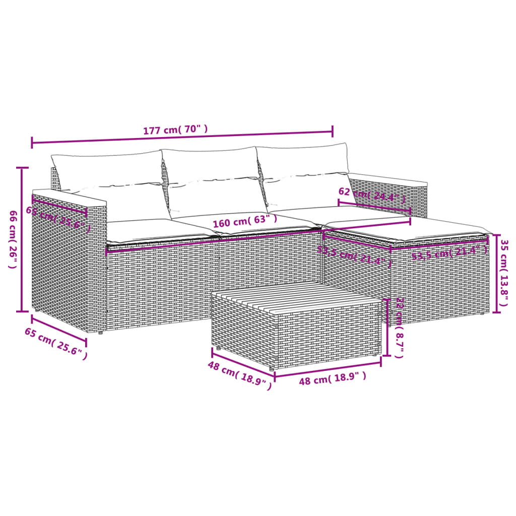 3 pcs conjunto de sofás p/ jardim com almofadões vime PE bege