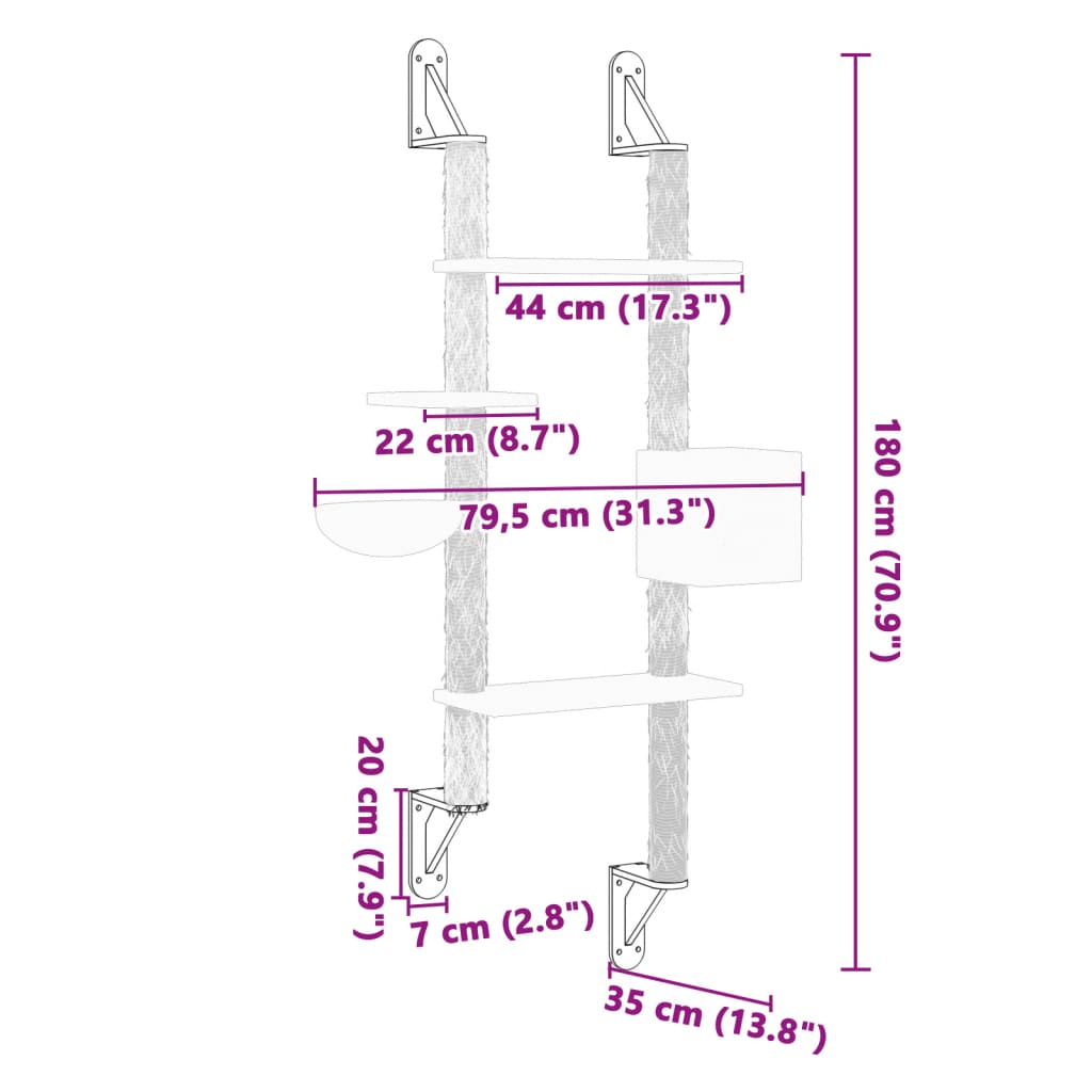 Árvore parede p/ gatos c/ poste arranhador 180 cm cinza-claro