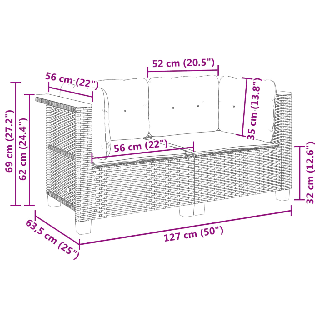 Sofás de canto p/ jardim c/ almofadões 2 pcs vime PE cinzento