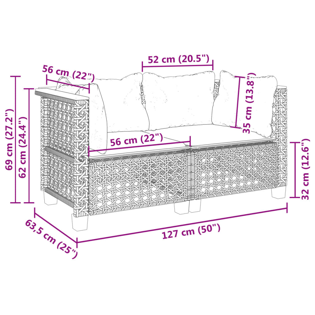 Sofás de canto p/ jardim c/ almofadões 2 pcs vime PE preto