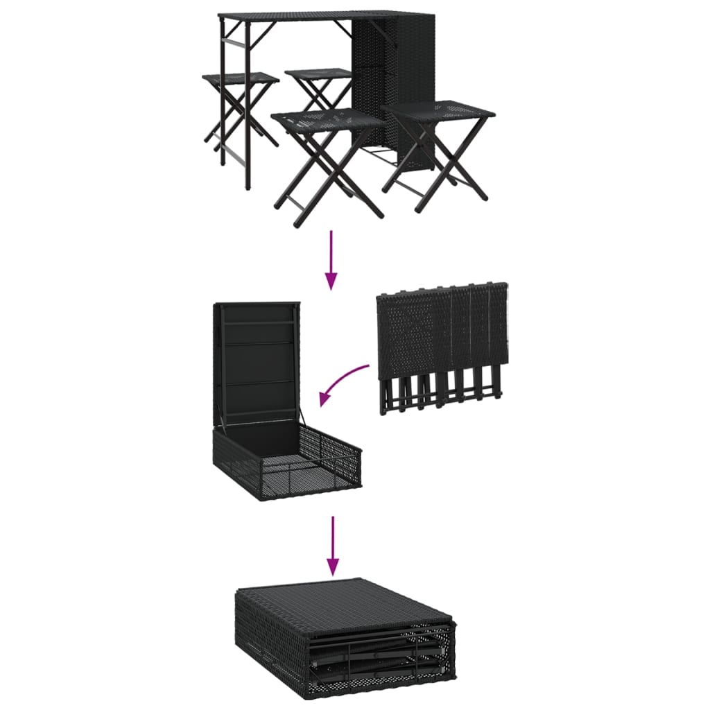 5 pcs conjunto de jantar para jardim dobrável vime PE preto